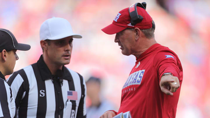 Kansas Jayhawks head coach Lance Leipold talks with referees during the third quarter of the game against TCU Horned Frogs Saturday, September 28, 2024, at GEHA Field at Arrowhead Stadium.