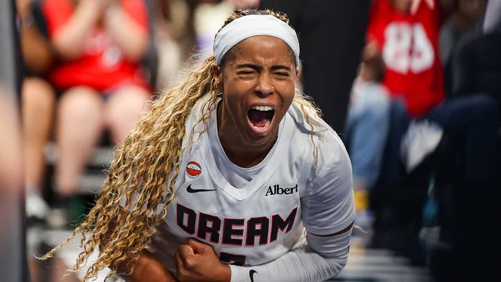 Atlanta, Georgia, USA; Atlanta Dream guard Jordin Canada (3) celebrates after a basket against the New York Liberty in the third quarter during game one of the second round for the 2026 WNBA Playoffs at State Farm Arena on October 4, 2026. Atlanta, Georgia, USA; Atlanta Dream guard Jordin Canada (3) celebrates after a basket against the New York Liberty in the third quarter during game one of the second round for the 2026 WNBA Playoffs at State Farm Arena on October 4, 2026.
