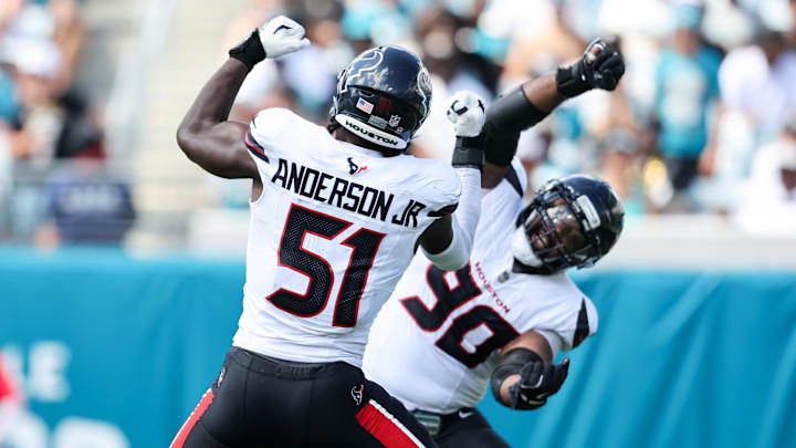 Sep 21, 2025; Jacksonville, Florida, USA; Houston Texans defensive end Will Anderson Jr. (51) celebrates after a sack during the second quarter against the Jacksonville Jaguars at EverBank Stadium. Mandatory Credit: Morgan Tencza-Imagn Images
