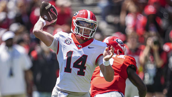 Apr 12, 2025; Athens, GA, USA; Georgia Bulldogs quarterback Gunner Stockton (14) passes during the Georgia Spring game at Sanford Stadium. Mandatory Credit: Dale Zanine-Imagn Images Apr 12, 2025; Athens, GA, USA; Georgia Bulldogs quarterback Gunner Stockton (14) passes during the Georgia Spring game at Sanford Stadium. Mandatory Credit: Dale Zanine-Imagn Images
