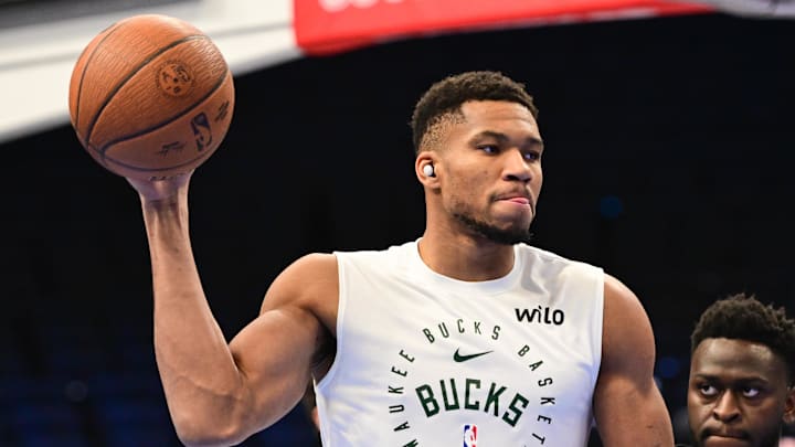 Nov 22, 2024; Milwaukee, Wisconsin, USA; Milwaukee Bucks forward Giannis Antetokounmpo (34) warms up before game against the Indiana Pacers at Fiserv Forum. Mandatory Credit: Benny Sieu-Imagn Images