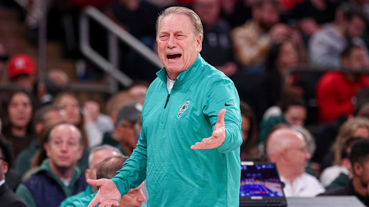 Jan 25, 2025; New York, New York, USA; Michigan State Spartans head coach Tom Izzo reacts during the first half against the Rutgers Scarlet Knights at Madison Square Garden. Mandatory Credit: Vincent Carchietta-Imagn Images