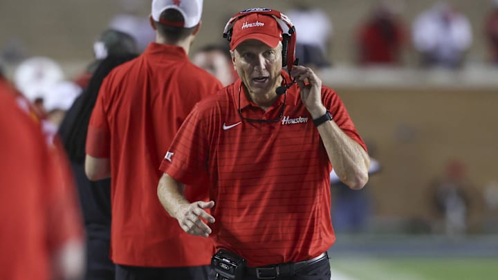 Houston Cougars head coach Willie Fritz walks on the sideline during the fourth quarter against the Rice Owls at Rice Stadium. 