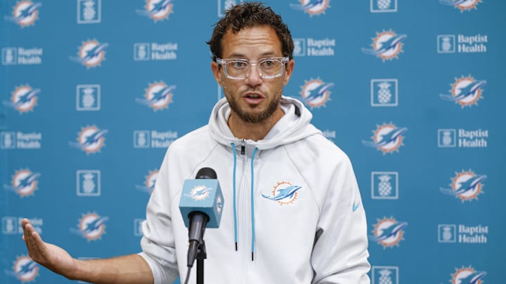 Miami Dolphins head coach Mike McDaniel speaks before joint training camp practice with the Chicago Bears ahead of Sunday's preseason opener. 