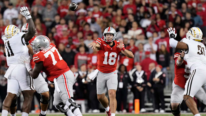 Sep 7, 2024; Columbus, Ohio, USA; Ohio State Buckeyes quarterback Will Howard (18) throws a pass during the first half of the NCAA football game against the Western Michigan Broncos at Ohio Stadium. Sep 7, 2024; Columbus, Ohio, USA; Ohio State Buckeyes quarterback Will Howard (18) throws a pass during the first half of the NCAA football game against the Western Michigan Broncos at Ohio Stadium.
