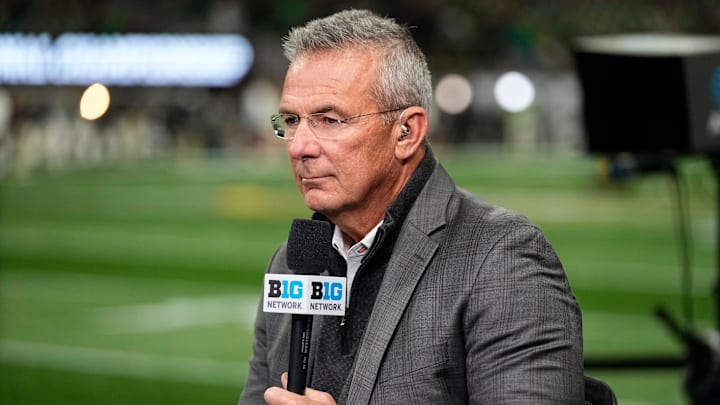 Former Ohio State Buckeyes head coach Urban Meyer broadcasts for the Big Ten Network prior to the College Football Playoff National Championship against the Notre Dame Fighting Irish at Mercedes-Benz Stadium in Atlanta on Jan. 20, 2025. Former Ohio State Buckeyes head coach Urban Meyer broadcasts for the Big Ten Network prior to the College Football Playoff National Championship against the Notre Dame Fighting Irish at Mercedes-Benz Stadium in Atlanta on Jan. 20, 2025.