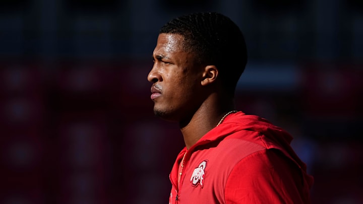 Ohio State Buckeyes linebacker Sonny Styles (0) warms up during the NCAA football game against the Rutgers Scarlet Knights at Ohio Stadium in Columbus on Nov. 22, 2025. Ohio State won 42-9.