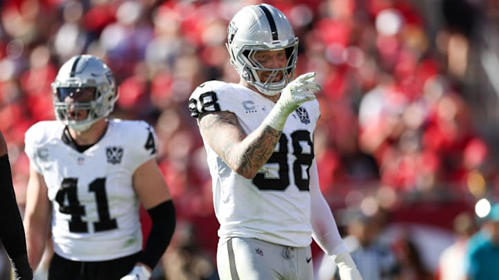 Las Vegas Raiders defensive end Maxx Crosby celebrates after a sack against the Tampa Bay Buccaneers.