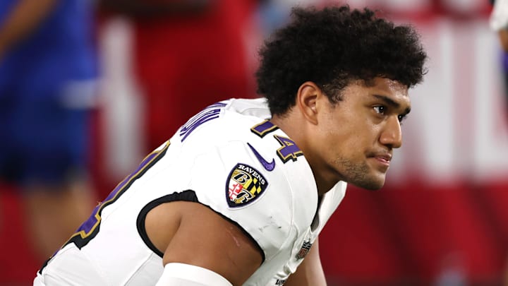 Oct 21, 2024; Tampa, Florida, USA; Baltimore Ravens safety Kyle Hamilton (14) prior to the game against the Tampa Bay Buccaneers at Raymond James Stadium. Mandatory Credit: Kim Klement Neitzel-Imagn Images