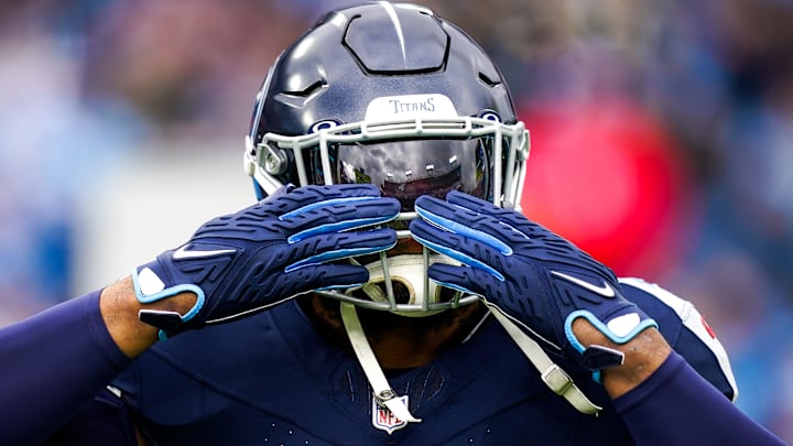 Tennessee Titans running back Derrick Henry (22) blows kisses to fans as he is introduced before a game against the Jacksonville Jaguars at Nissan Stadium in Nashville, Tenn., Sunday, Jan. 7, 2024. Tennessee Titans running back Derrick Henry (22) blows kisses to fans as he is introduced before a game against the Jacksonville Jaguars at Nissan Stadium in Nashville, Tenn., Sunday, Jan. 7, 2024.