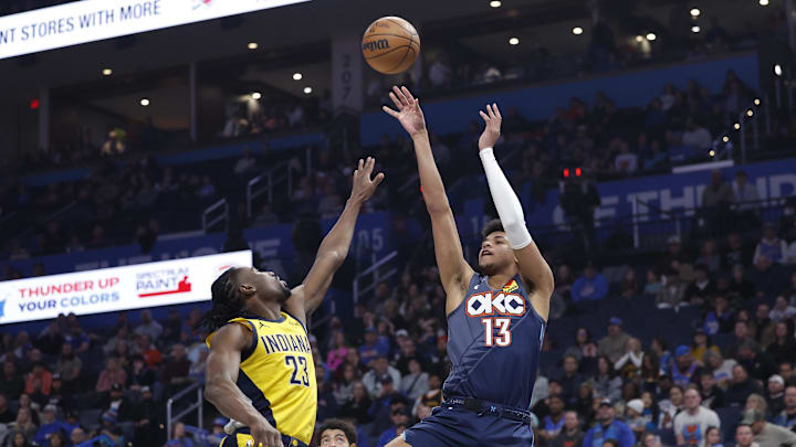 Jan 23, 2026; Oklahoma City, Oklahoma, USA; Oklahoma City Thunder forward Ousmane Dieng (13) shoots as Indiana Pacers guard/forward Aaron Nesmith (23) defends during the second quarter at Paycom Center. Jan 23, 2026; Oklahoma City, Oklahoma, USA; Oklahoma City Thunder forward Ousmane Dieng (13) shoots as Indiana Pacers guard/forward Aaron Nesmith (23) defends during the second quarter at Paycom Center.