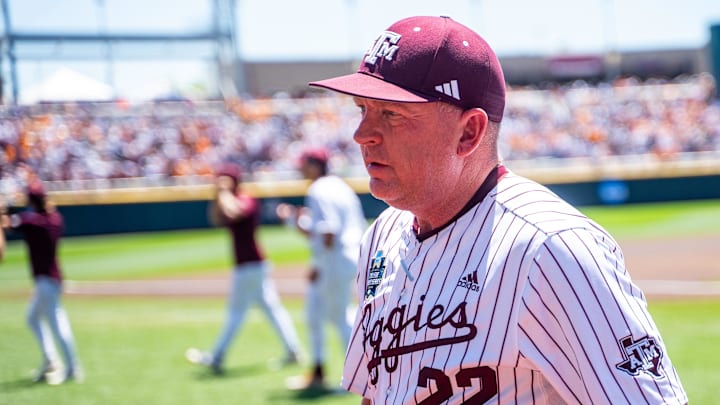 Texas A&M Aggies head coach Jim Schlossnagle before game 2 of the College World Series against the Tennessee Volunteers. Texas A&M Aggies head coach Jim Schlossnagle before game 2 of the College World Series against the Tennessee Volunteers.