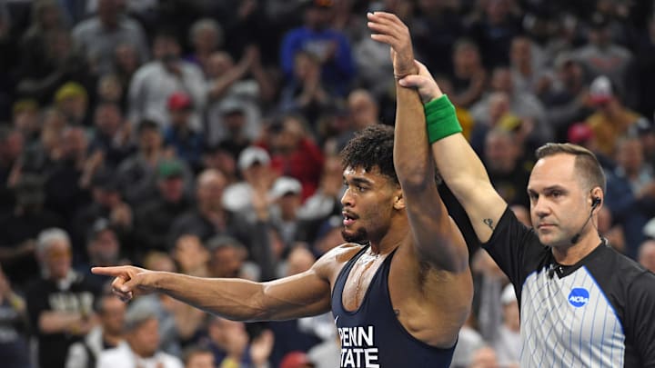 Penn State's Carter Starocci celebrate his win over Parker Keckeisen of Northern Iowa at te 2025 NCAA Wrestling Championships. 