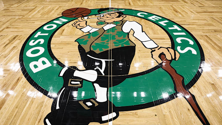 Feb 28, 2025; Boston, Massachusetts, USA; The Boston Celtics logo is seen on the court beofre the game between the Boston Celtics and the Cleveland Cavaliers at TD Garden. Mandatory Credit: Winslow Townson-Imagn Images