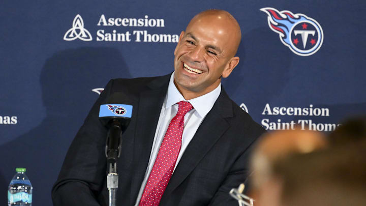 Jan 29, 2026; Nashville, TN, USA;  Tennessee Titans head coach Robert Saleh answers questions from the media during the press conference at Ascension Saint Thomas Sports Park. Mandatory Credit: Steve Roberts-Imagn Images