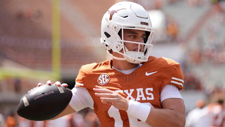 Texas Longhorns quarterback Arch Manning warms up before a game against the Texas El Paso Miners.