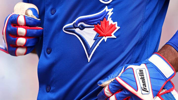 Mar 25, 2018; Dunedin, FL, USA; A view of the Blue Jays logo on an official Majestic game jersey during a game between the Pittsburgh Pirates and the Toronto Blue Jays at Florida Auto Exchange Stadium. Mandatory Credit: Aaron Doster-Imagn Images