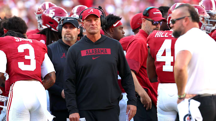 Oct 4, 2025; Tuscaloosa, Alabama, USA; Alabama Crimson Tide head coach Kalen DeBoer watches from the sidelines during the second quarter against the Vanderbilt Commodores at Saban Field at Bryant-Denny Stadium. Oct 4, 2025; Tuscaloosa, Alabama, USA; Alabama Crimson Tide head coach Kalen DeBoer watches from the sidelines during the second quarter against the Vanderbilt Commodores at Saban Field at Bryant-Denny Stadium.