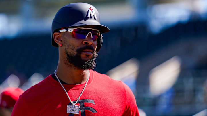 Outfielder Byron Buxton walks to the dugout after a live batting practice session during the Minnesota Twins' first full-squad workout of spring training at the Lee Health Sports Complex in Fort Myers, Fla., on Monday, Feb. 17, 2025.