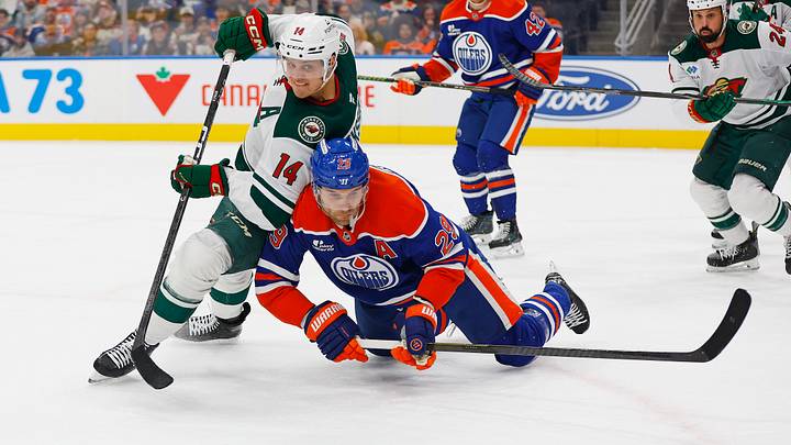 Oct 20, 2026; Edmonton, Alberta, CAN; Edmonton Oilers forward Leon Draisaitl (29) and Minnesota Wild forward Joel Ericksson EK (14) drive for a loose puck during the first period at Rogers Place. Mandatory Credit: Perry Nelson-Imagn Images Oct 20, 2026; Edmonton, Alberta, CAN; Edmonton Oilers forward Leon Draisaitl (29) and Minnesota Wild forward Joel Ericksson EK (14) drive for a loose puck during the first period at Rogers Place. Mandatory Credit: Perry Nelson-Imagn Images