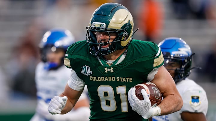 Nov 28, 2025; Fort Collins, Colorado, USA; Colorado State Rams tight end Rocky Beers (81) runs for a touchdown on a reception in the fourth quarter against the Air Force Falcons at Sonny Lubick Field at Canvas Stadium. Mandatory Credit: Isaiah J. Downing-Imagn Images