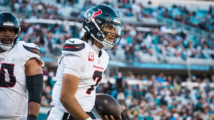 Dec 1, 2024; Jacksonville, Florida, USA; Houston Texans quarterback C.J. Stroud (7) celebrates a touchdown against the Jacksonville Jaguars in the fourth quarter at EverBank Stadium. Dec 1, 2024; Jacksonville, Florida, USA; Houston Texans quarterback C.J. Stroud (7) celebrates a touchdown against the Jacksonville Jaguars in the fourth quarter at EverBank Stadium.