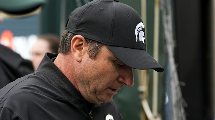 Oct 11, 2025; East Lansing, Michigan, USA; Michigan State head coach Jonathan Smith walks off the field at the half against the UCLA Bruins at Spartan Stadium. Mandatory Credit: Brendan Mullin-Imagn Images