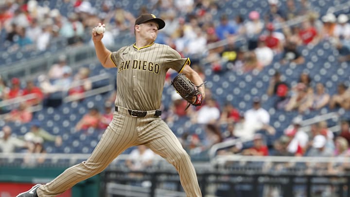 Jul 20, 2025; Washington, District of Columbia, USA; San Diego Padres starting pitcher Nick Pivetta (27) pitches against the Washington Nationals during the second inning at Nationals Park. Mandatory Credit: Geoff Burke-Imagn Images