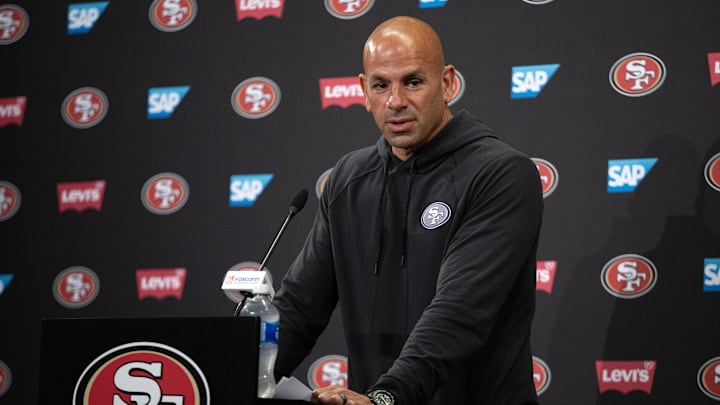 Jun 11, 2025; Santa Clara, CA, USA; San Francisco 49ers defensive coordinator Robert Saleh speaks to the media following a team OTA at Levi's Stadium. Mandatory Credit: D. Ross Cameron-Imagn Images