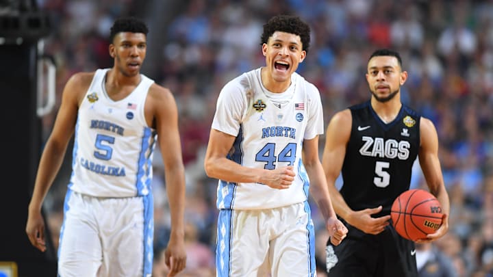 Apr 3, 2017; Phoenix, AZ, USA; North Carolina Tar Heels forward Justin Jackson (44) reacts against the Gonzaga Bulldogs in the first half in the championship game of the 2017 NCAA Men's Final Four at University of Phoenix Stadium. Mandatory Credit: Bob Donnan-Imagn Images