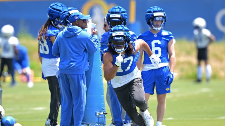 May 28, 2024; Thousand Oaks, CA, USA; Los Angeles Rams wide receiver Puka Nacua (17) runs a drill during OTAs at the team training facility at California Lutheran University. Mandatory Credit: Jayne Kamin-Oncea-USA TODAY Sports