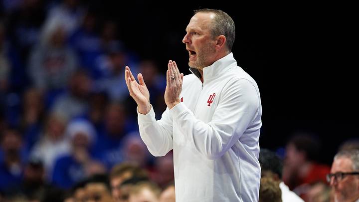 Dec 13, 2025; Lexington, Kentucky, USA; Indiana Hoosiers head coach Darian Devries reacts to the action during the first half against the Kentucky Wildcats at Rupp Arena at Central Bank Center. Mandatory Credit: Jordan Prather-Imagn Images