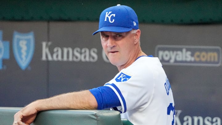 Sep 4, 2024; Kansas City, Missouri, USA; Kansas City Royals manager Matt Quatraro (33) watches from the dugout against the Cleveland Guardians prior to a game at Kauffman Stadium. Mandatory Credit: Denny Medley-Imagn Images Sep 4, 2024; Kansas City, Missouri, USA; Kansas City Royals manager Matt Quatraro (33) watches from the dugout against the Cleveland Guardians prior to a game at Kauffman Stadium. Mandatory Credit: Denny Medley-Imagn Images