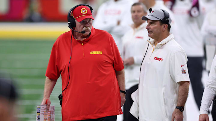Feb 9, 2025; New Orleans, LA, USA; Kansas City Chiefs head coach Andy Reid and defensive line coach Joe Cullen looks on from the sideline of Super Bowl LIX at Caesars Superdome. Mandatory Credit: Bill Streicher-Imagn Images