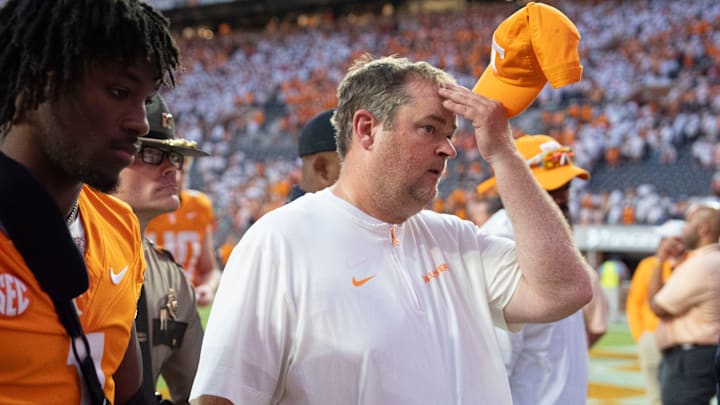 Tennessee head coach Josh Heupel walks off the field after the loss to Georgia in an NCAA college football game on September 13, 2025, Knoxville, Tennessee.