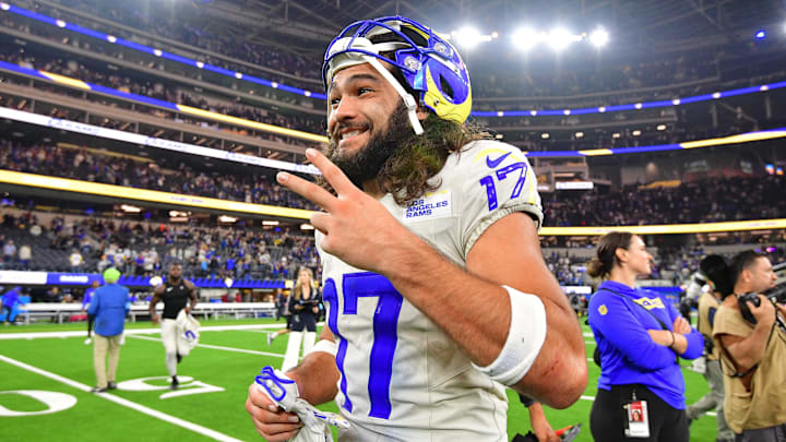 Los Angeles Rams wide receiver Puka Nacua celebrates the victory against the Minnesota Vikings.