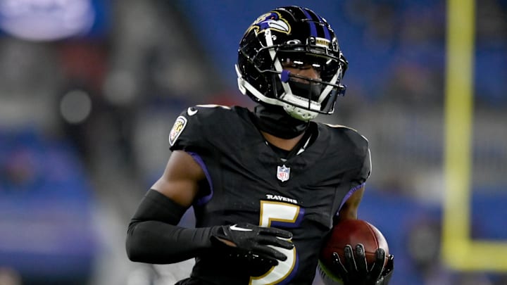 Nov 16, 2023; Baltimore, Maryland, USA; Baltimore Ravens cornerback Jalyn Armour-Davis (5) warms up before a game against the Cincinnati Bengals at M&T Bank Stadium. Mandatory Credit: Tommy Gilligan-Imagn Images Nov 16, 2023; Baltimore, Maryland, USA; Baltimore Ravens cornerback Jalyn Armour-Davis (5) warms up before a game against the Cincinnati Bengals at M&T Bank Stadium. Mandatory Credit: Tommy Gilligan-Imagn Images