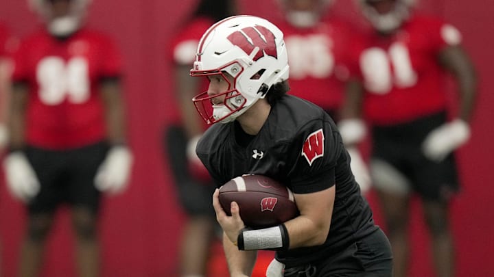 Wisconsin quarterback Danny O’Neill (18) is shown during spring football practice Wednesday, April 23, 2025 in Madison, Wisconsin.

Mark Hoffman/Milwaukee Journal Sentinel