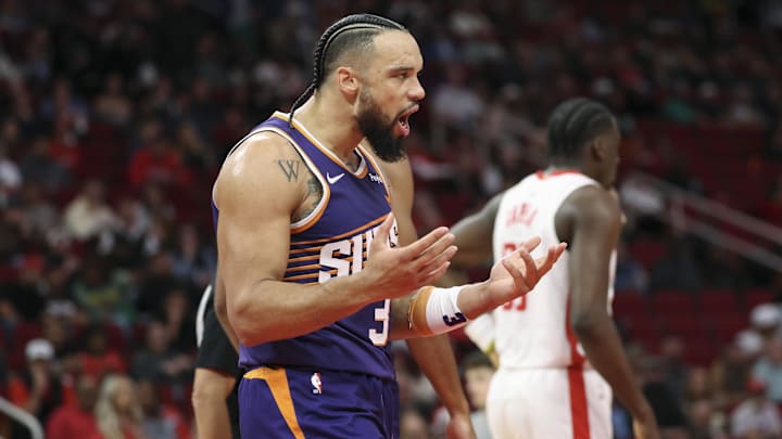 Dec 5, 2025; Houston, Texas, USA; Phoenix Suns forward Dillon Brooks (3) reacts during the first quarter against the Houston Rockets at Toyota Center. Mandatory Credit: Troy Taormina-Imagn Images Dec 5, 2025; Houston, Texas, USA; Phoenix Suns forward Dillon Brooks (3) reacts during the first quarter against the Houston Rockets at Toyota Center. Mandatory Credit: Troy Taormina-Imagn Images