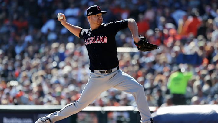 Oct 9, 2024; Detroit, Michigan, USA; Cleveland Guardians starting pitcher Alex Cobb (35) pitches against the Detroit Tigers during the first inning during game three of the ALDS for the 2024 MLB Playoffs at Comerica Park. Mandatory Credit: David Reginek-Imagn Images