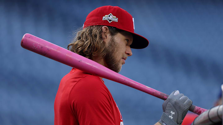 Oct 4, 2025; Philadelphia, Pennsylvania, USA; Philadelphia Phillies third baseman Alec Bohm before game one of the NLDS round of the 2025 MLB playoffs against the Los Angeles Dodgers at Citizens Bank Park. Oct 4, 2025; Philadelphia, Pennsylvania, USA; Philadelphia Phillies third baseman Alec Bohm before game one of the NLDS round of the 2025 MLB playoffs against the Los Angeles Dodgers at Citizens Bank Park.