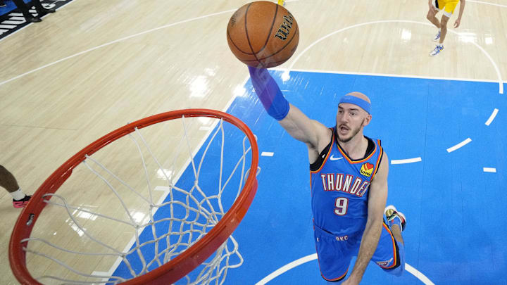 Jun 22, 2025; Oklahoma City, Oklahoma, USA; Oklahoma City Thunder guard Alex Caruso (9) dunks against the Indiana Pacers during the first half of game seven of the 2025 NBA Finals at Paycom Center. Mandatory Credit: Kyle Terada-Imagn Images Jun 22, 2025; Oklahoma City, Oklahoma, USA; Oklahoma City Thunder guard Alex Caruso (9) dunks against the Indiana Pacers during the first half of game seven of the 2025 NBA Finals at Paycom Center. Mandatory Credit: Kyle Terada-Imagn Images
