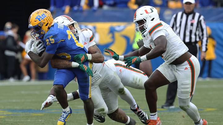 Nov 29, 2025; Pittsburgh, Pennsylvania, USA;  Pittsburgh Panthers running back Ja'Kyrian Turner (25) runs against the Miami Hurricanes during the third quarter at Acrisure Stadium. Mandatory Credit: Charles LeClaire-Imagn Images