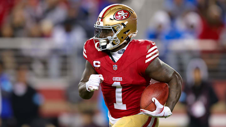 Dec 30, 2024; Santa Clara, California, USA; San Francisco 49ers wide receiver Deebo Samuel Sr. (1) during the game against the Detroit Lions at Levi's Stadium. Mandatory Credit: Sergio Estrada-Imagn Images Dec 30, 2024; Santa Clara, California, USA; San Francisco 49ers wide receiver Deebo Samuel Sr. (1) during the game against the Detroit Lions at Levi's Stadium. Mandatory Credit: Sergio Estrada-Imagn Images