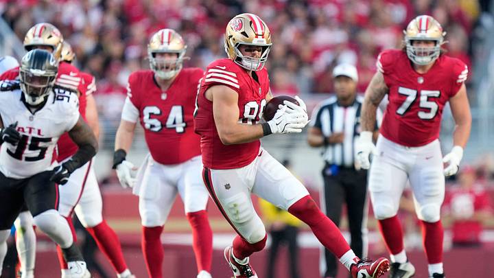 Oct 19, 2025; Santa Clara, California, USA; San Francisco 49ers tight end Luke Farrell (89) runs after a catch during the first quarter against the Atlanta Falcons at Levi's Stadium. Mandatory Credit: Kyle Terada-Imagn Images Oct 19, 2025; Santa Clara, California, USA; San Francisco 49ers tight end Luke Farrell (89) runs after a catch during the first quarter against the Atlanta Falcons at Levi's Stadium. Mandatory Credit: Kyle Terada-Imagn Images