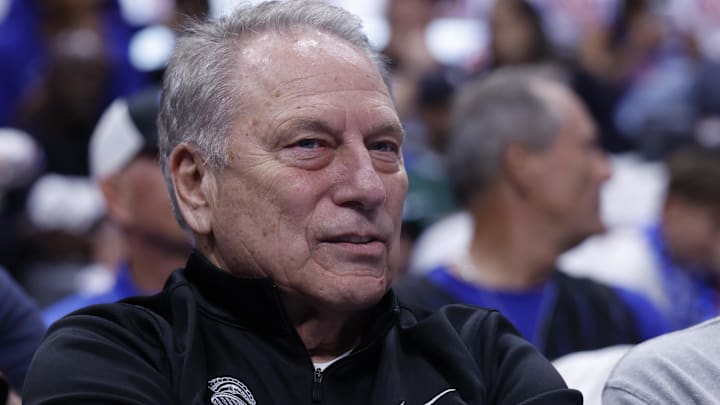 Apr 22, 2026; Detroit, Michigan, USA; Michigan State head basketball coach Tom Izzo watches during the first half of the game between the Detroit Pistons and the Orlando Magic during game two of the first round of the 2026 NBA Playoffs at Little Caesars Arena. Mandatory Credit: Rick Osentoski-Imagn Images