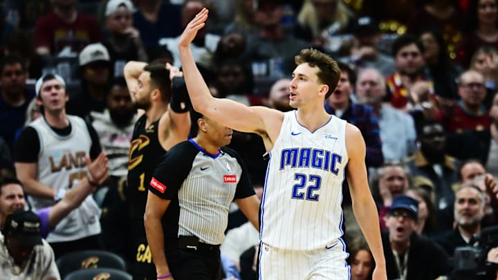 Apr 30, 2024; Cleveland, Ohio, USA; Orlando Magic forward Franz Wagner (22) reacts after a basket Apr 30, 2024; Cleveland, Ohio, USA; Orlando Magic forward Franz Wagner (22) reacts after a basket