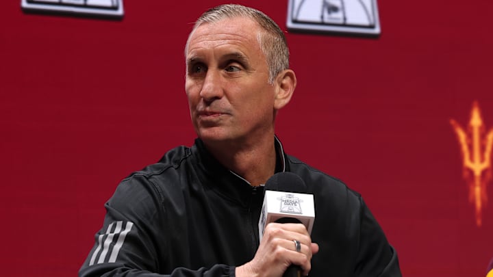 Oct 22, 2025; Kansas City, MO, USA; Arizona State head coach Bobby Hurley speaks to media during Big 12 Menís Basketball media day at T-Mobile Center. Mandatory Credit: Sophia Scheller-Imagn Images
