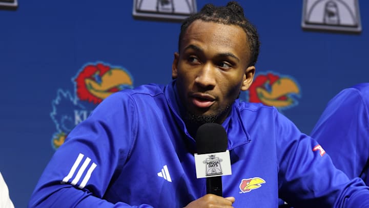 Oct 22, 2025; Kansas City, MO, USA; Kansas guard Darryn Peterson speaks to media during Big 12 Menís Basketball media day at T-Mobile Center. Mandatory Credit: Sophia Scheller-Imagn Images Oct 22, 2025; Kansas City, MO, USA; Kansas guard Darryn Peterson speaks to media during Big 12 Menís Basketball media day at T-Mobile Center. Mandatory Credit: Sophia Scheller-Imagn Images