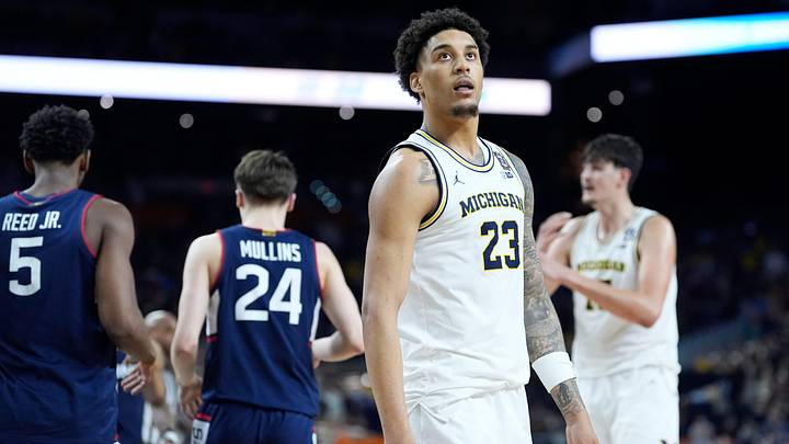 Michigan forward Yaxel Lendeborg (23) on the court during the first half of the NCAA national championship game at Lucas Oil Stadium in Indianapolis on Monday, April 6, 2026. Michigan forward Yaxel Lendeborg (23) on the court during the first half of the NCAA national championship game at Lucas Oil Stadium in Indianapolis on Monday, April 6, 2026.